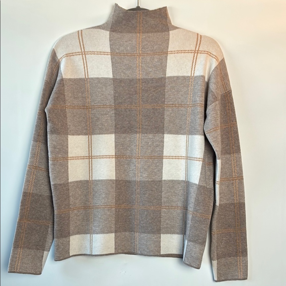 NEW Rachel Zoe Plaid Brown and Cream Women's Mock Neck Sweater